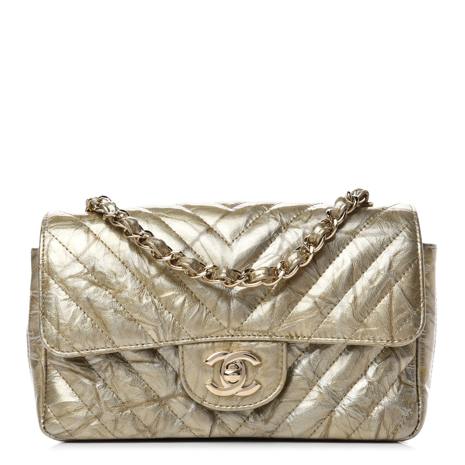 Chanel Patent Metallic Crumpled Calfskin Chevron Quilted Mini Rectangular Flap Gold 1 of 13