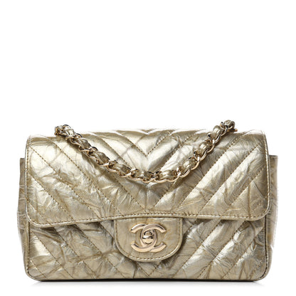 Chanel Patent Metallic Crumpled Calfskin Chevron Quilted Mini Rectangular Flap Gold 1 of 13