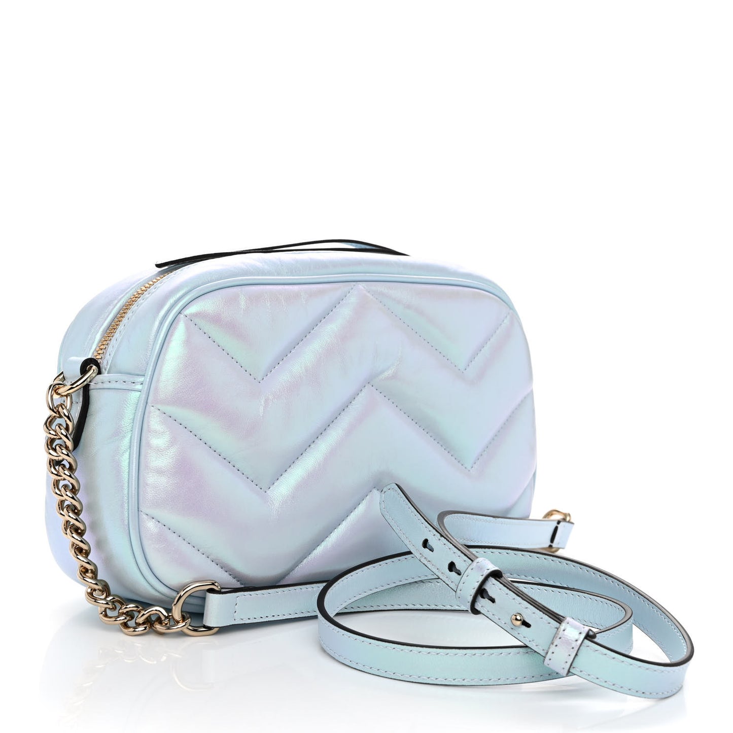 Iridescent Nappa Chevron Matelasse Small GG Marmont Chain Shoulder Bag Iridescent Snow Light Blue