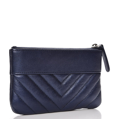 Chanel Metallic Sheepskin Chevron Quilted Small Vintage Mademoiselle Cosmetic Case Navy 3 of 8
