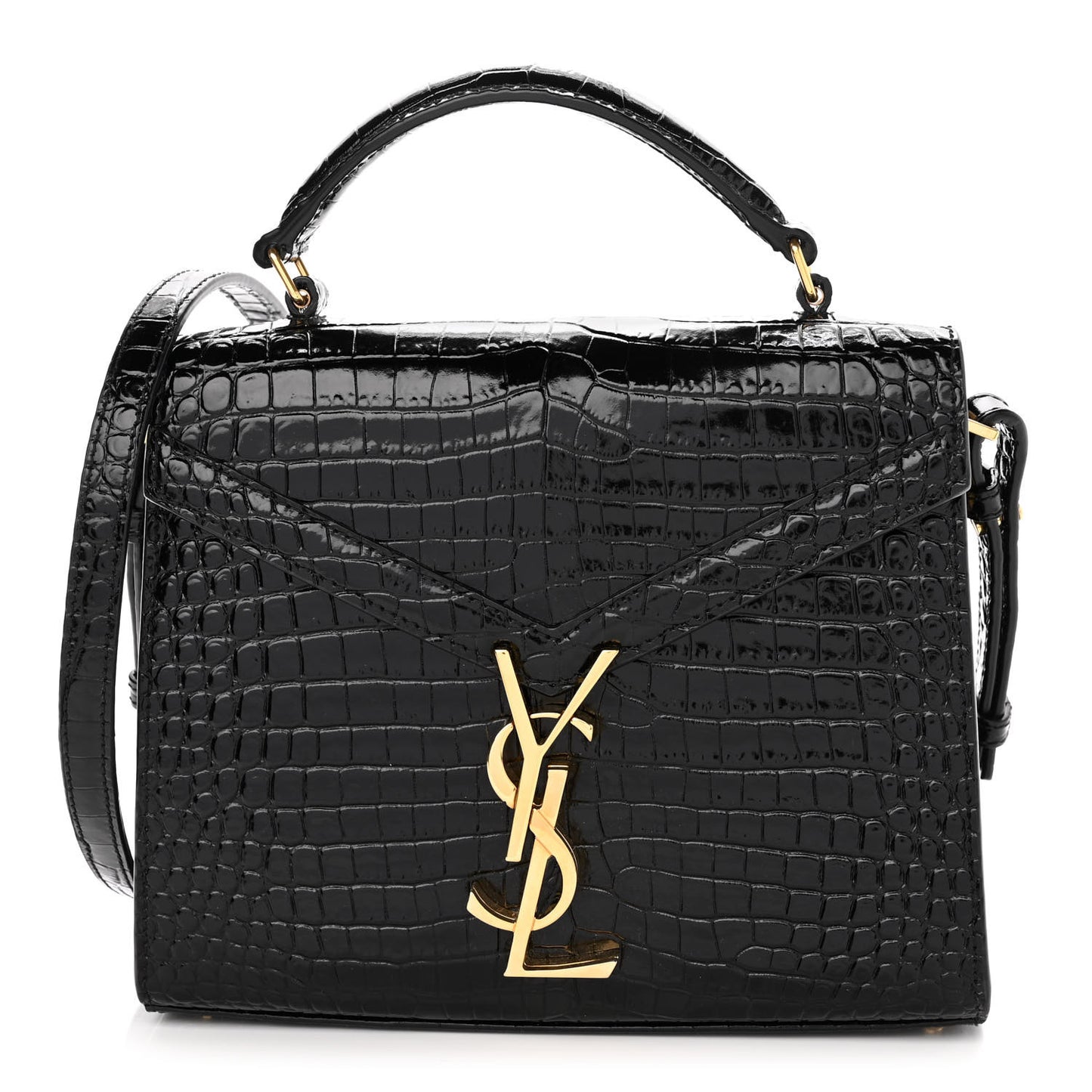 Calfskin Crocodile Embossed Mini Classic Monogram Cassandra Top Handle Black