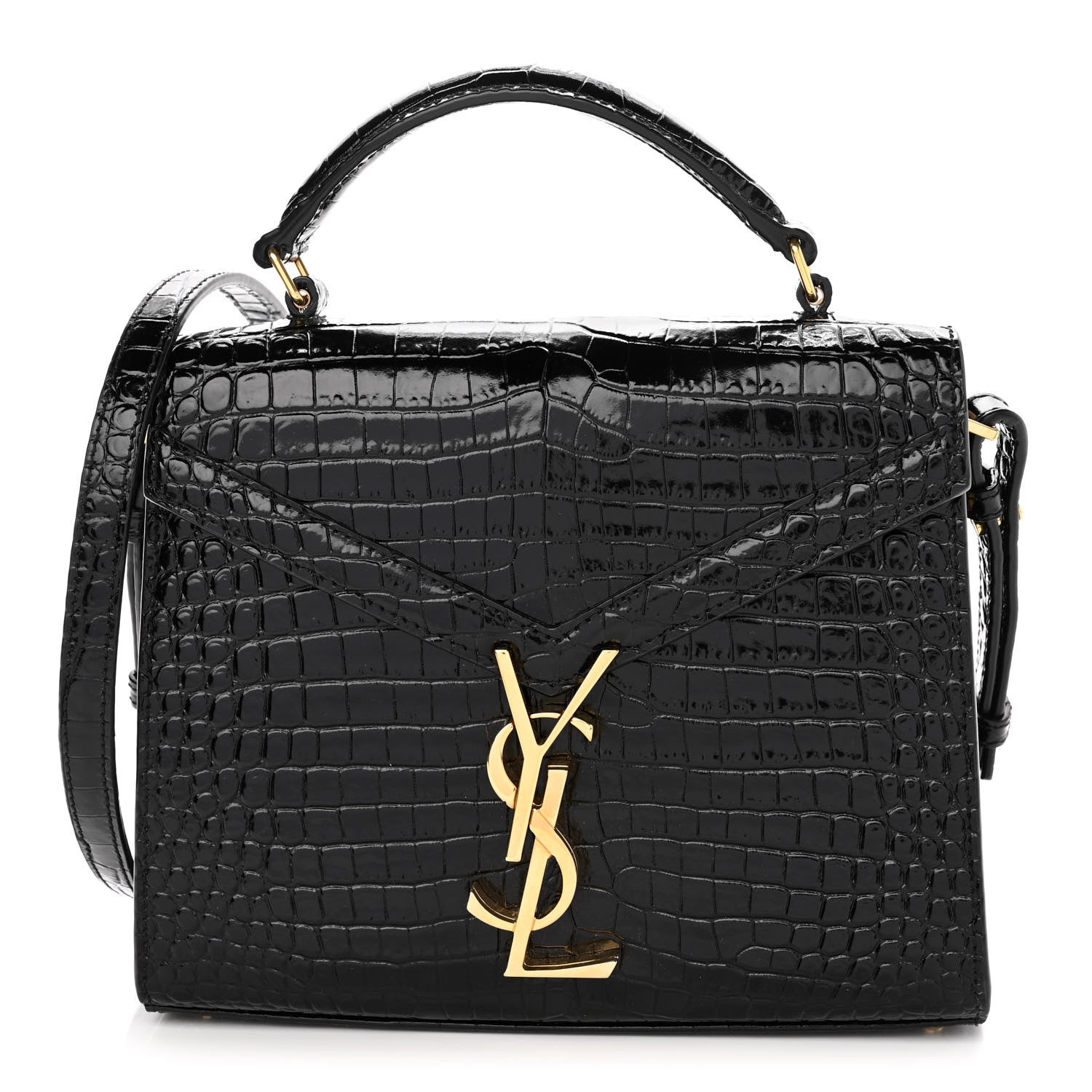 Saint Laurent Calfskin Crocodile Embossed Mini Classic Monogram Cassandra Top Handle Black 1 of 12