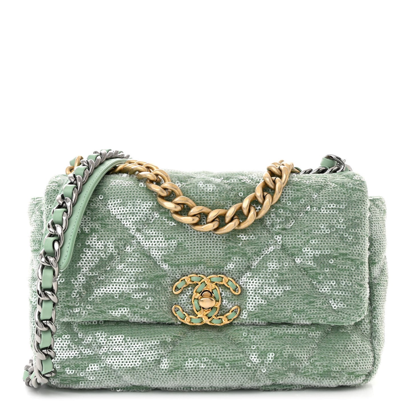 Sequin Quilted Medium Chanel 19 Flap Light Green