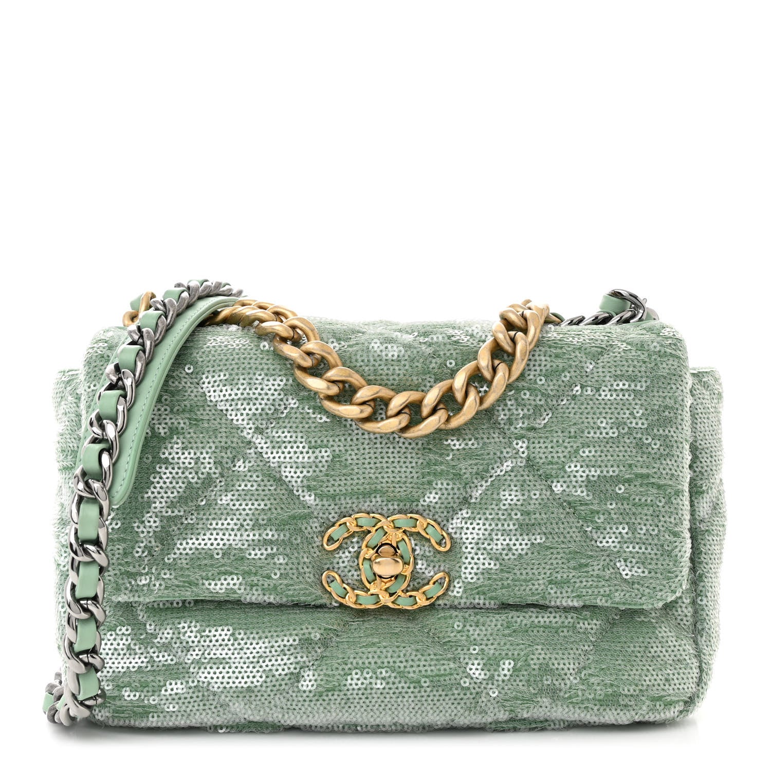 Chanel Sequin Quilted Medium Chanel 19 Flap Light Green 1 of 10