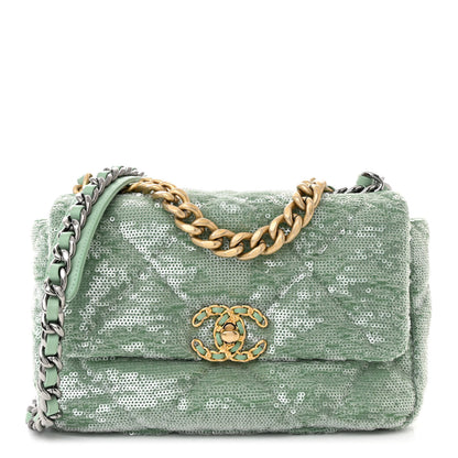 Chanel Sequin Quilted Medium Chanel 19 Flap Light Green 1 of 10