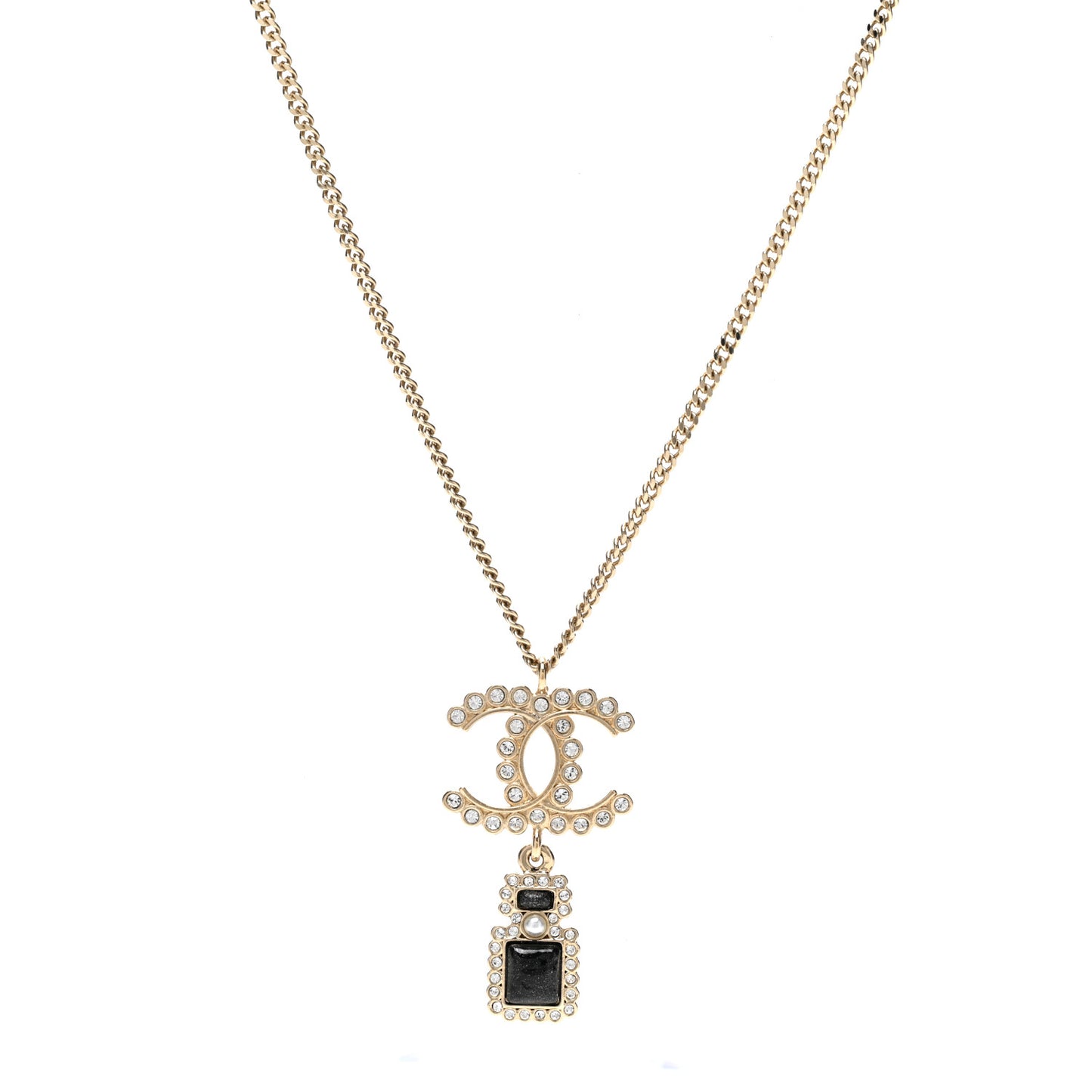 Crystal Pearl CC Perfume Bottle Necklace Black Gold