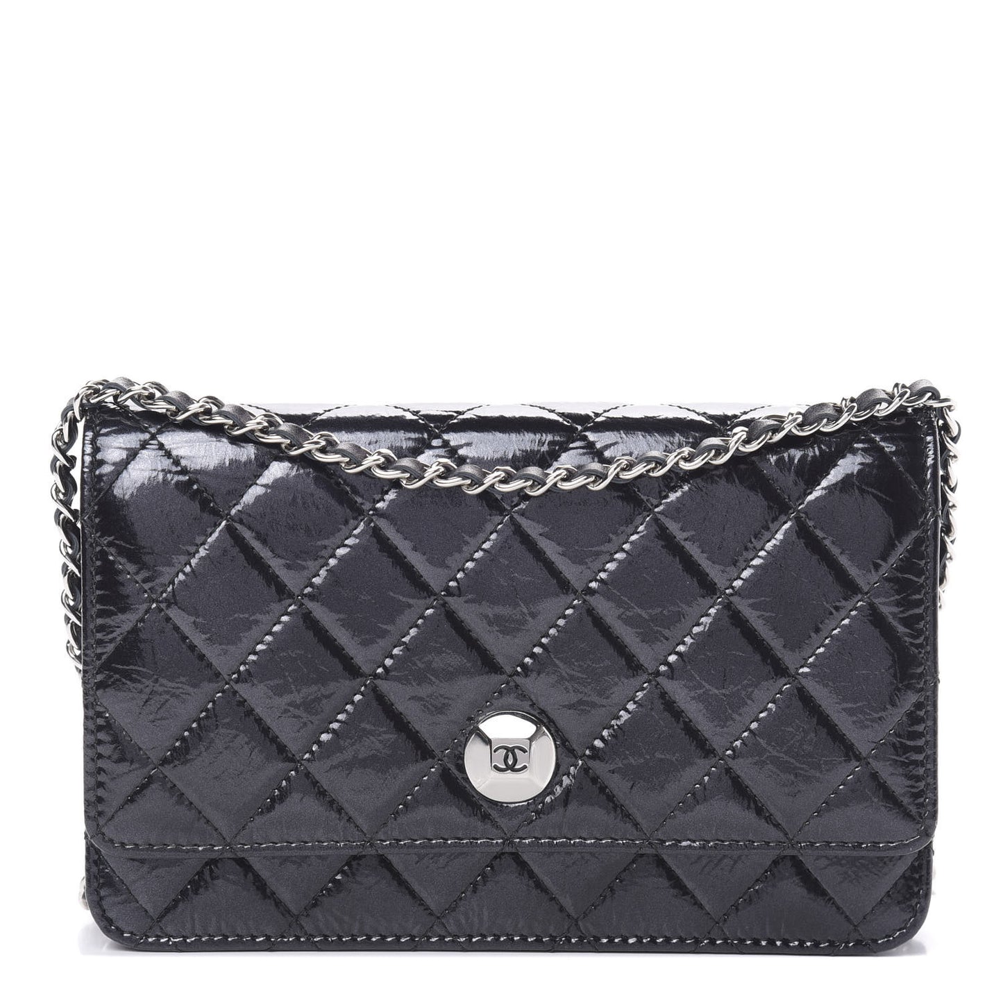 Patent Metallic Crumpled Calfskin Quilted Wallet On Chain WOC Navy