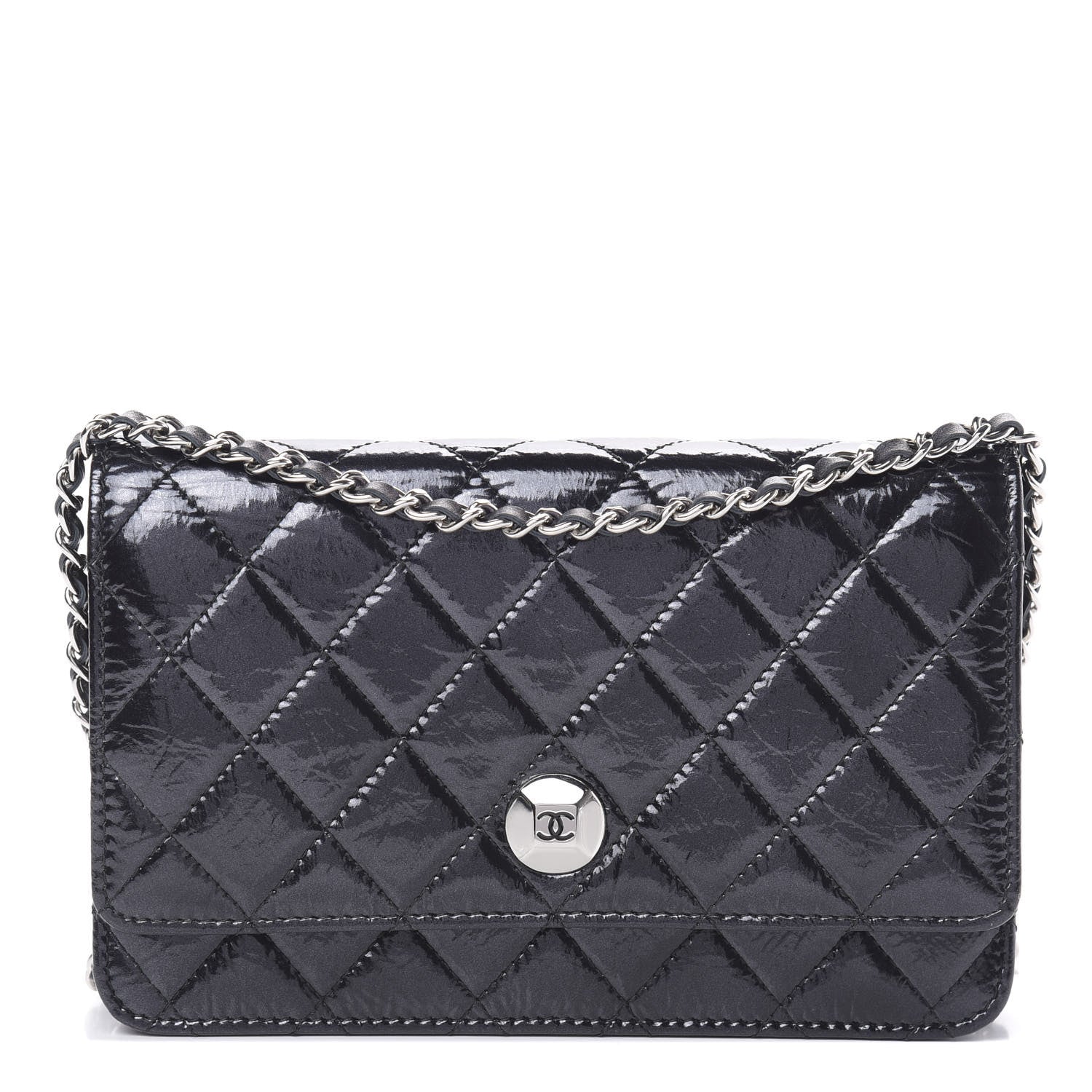 Chanel Patent Metallic Crumpled Calfskin Quilted Wallet On Chain WOC Navy 1 of 12