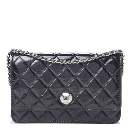 Chanel Patent Metallic Crumpled Calfskin Quilted Wallet On Chain WOC Navy 1 of 12