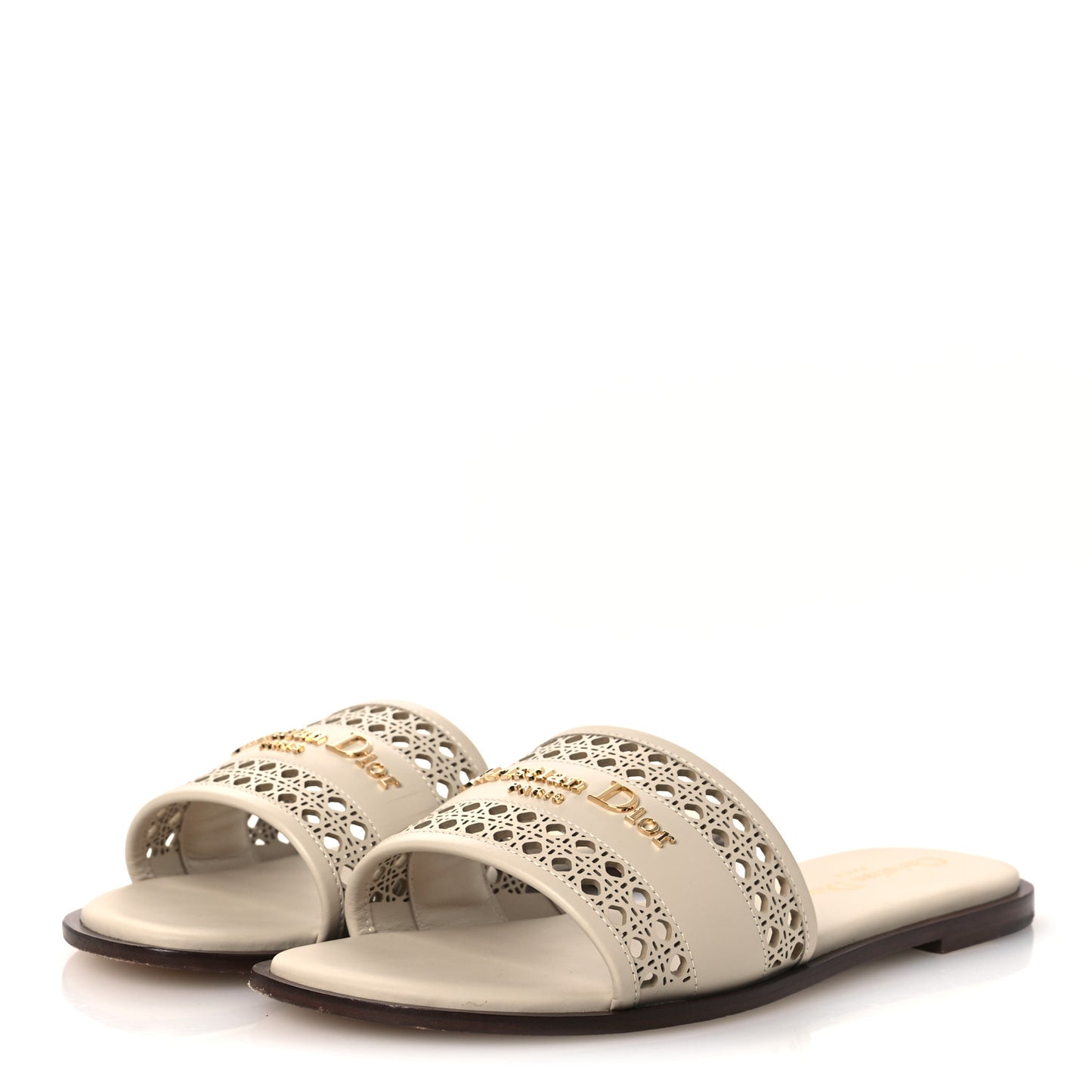 Calfskin Lambskin Micro Cannage D-Lane Flat Slide Sandals 36 Light Ecru
