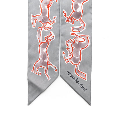 Hermes Silk Chevaux En Liberte Twilly Gris Perle Rouge White 2 of 5