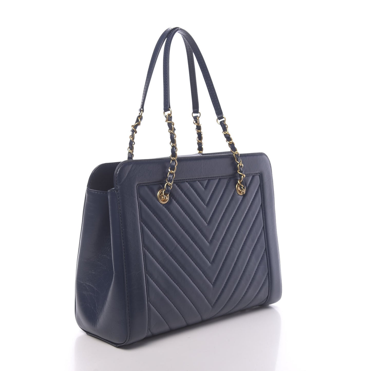 Aged Calfskin Chevron Quilted Large Shopping Tote Navy