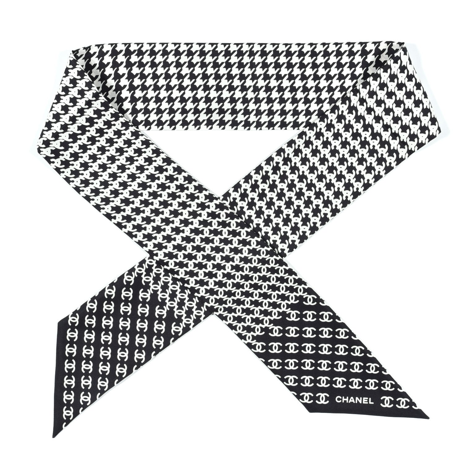 Chanel Silk Twill Houndstooth Slim Bandeau Scarf Black Ecru 1 of 4