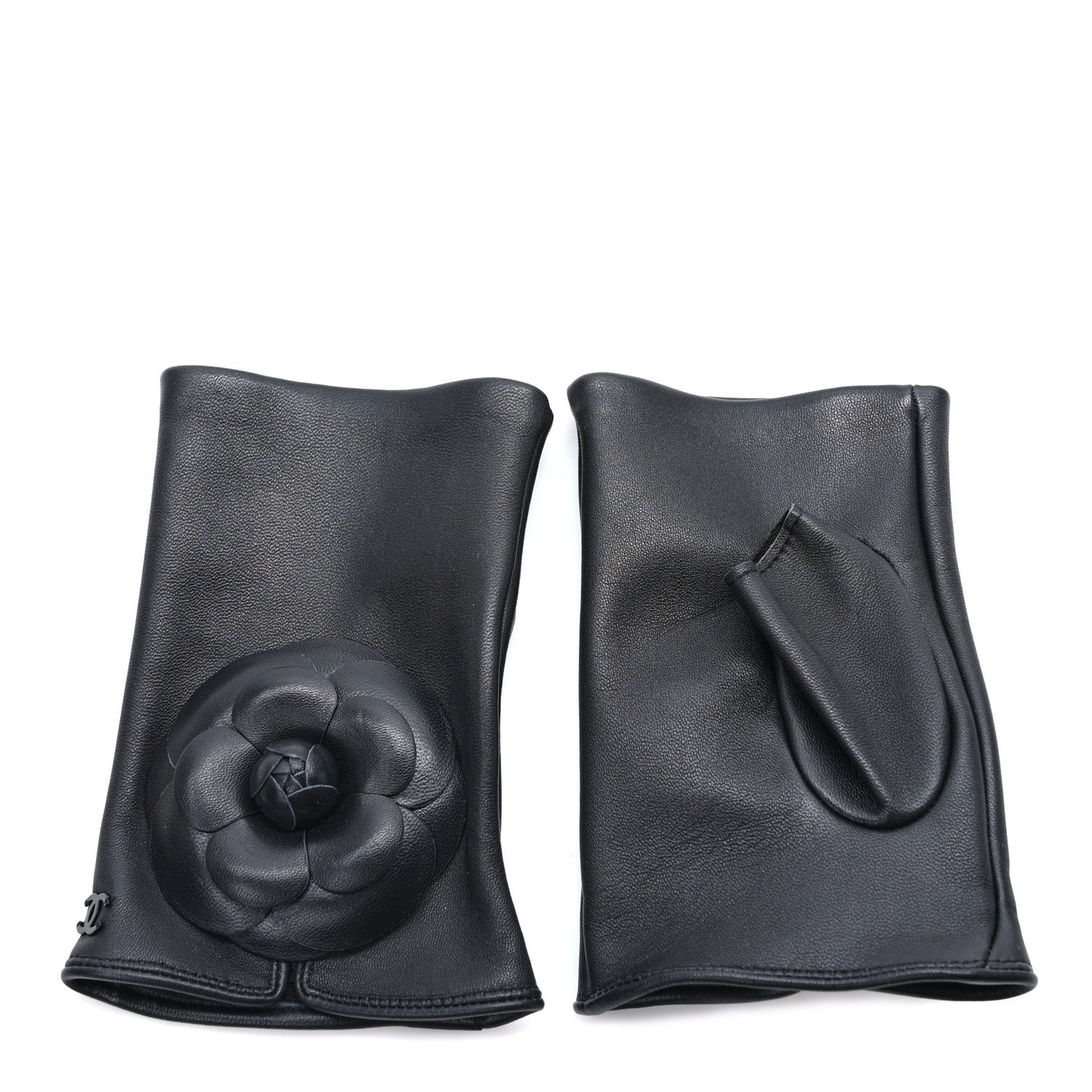 Lambskin Camellia Fingerless Gloves 8 Black