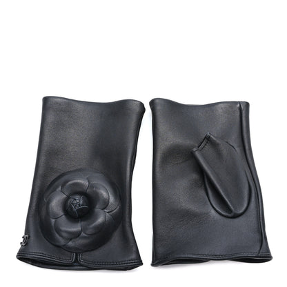 Chanel Lambskin Camellia Fingerless Gloves 8 Black 1 of 5