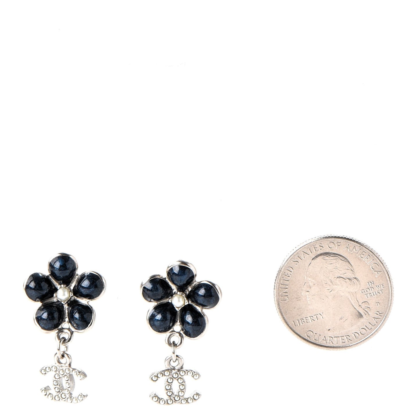 Enamel Pearl CC Flower Drop Earrings Blue Silver