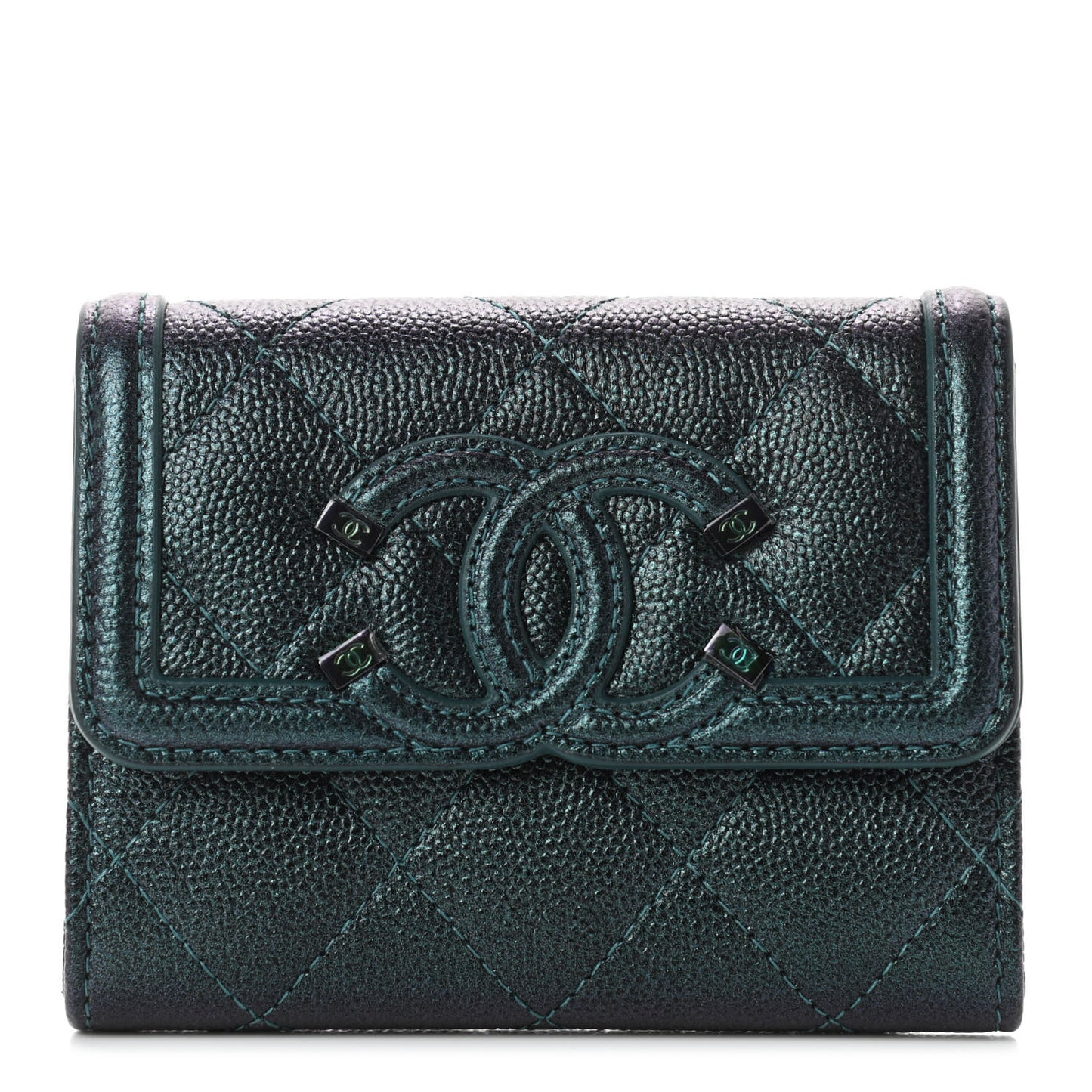 Iridescent Caviar Quilted Filigree Flap Card Holder Dark Turquoise