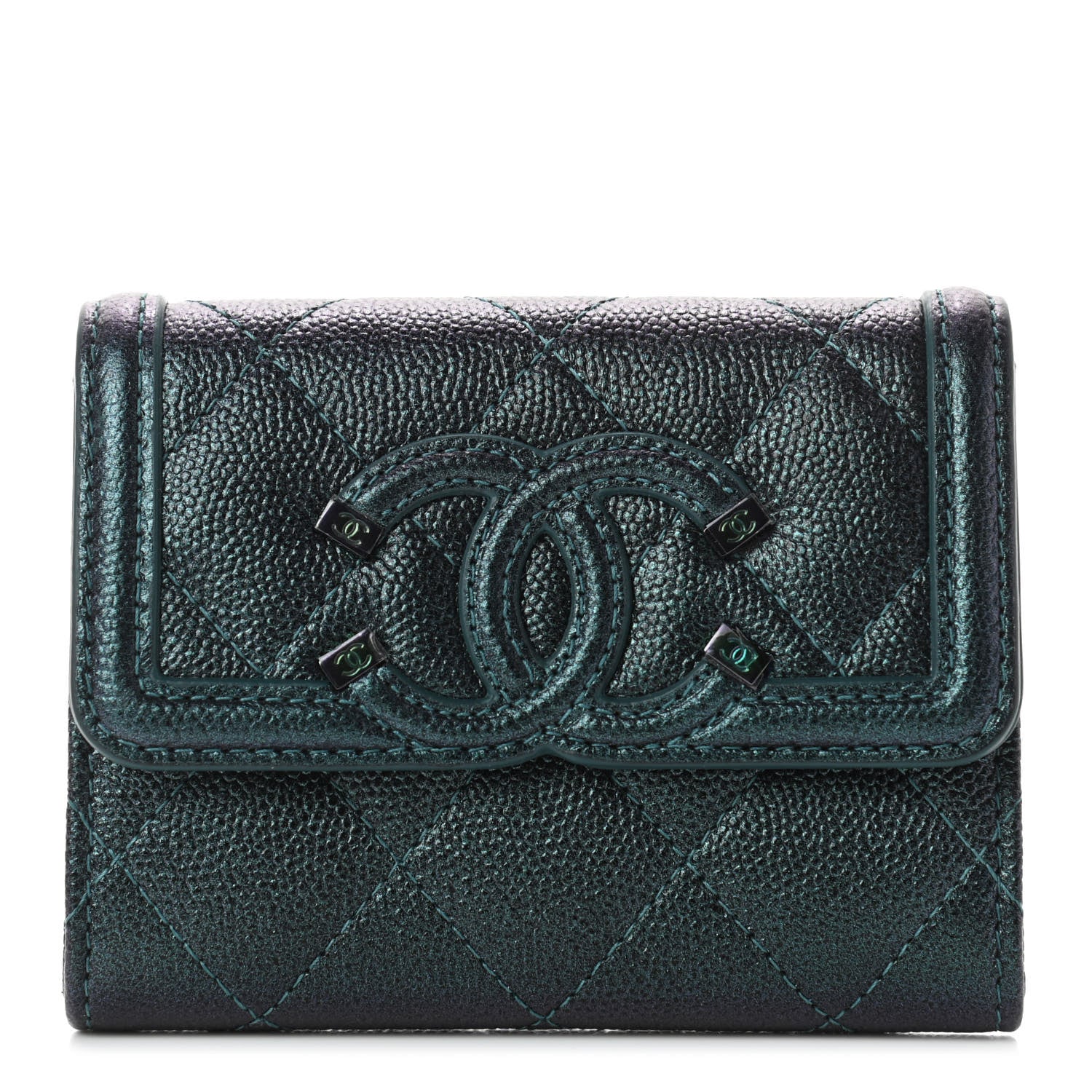 Chanel Iridescent Caviar Quilted Filigree Flap Card Holder Dark Turquoise 2 of 14