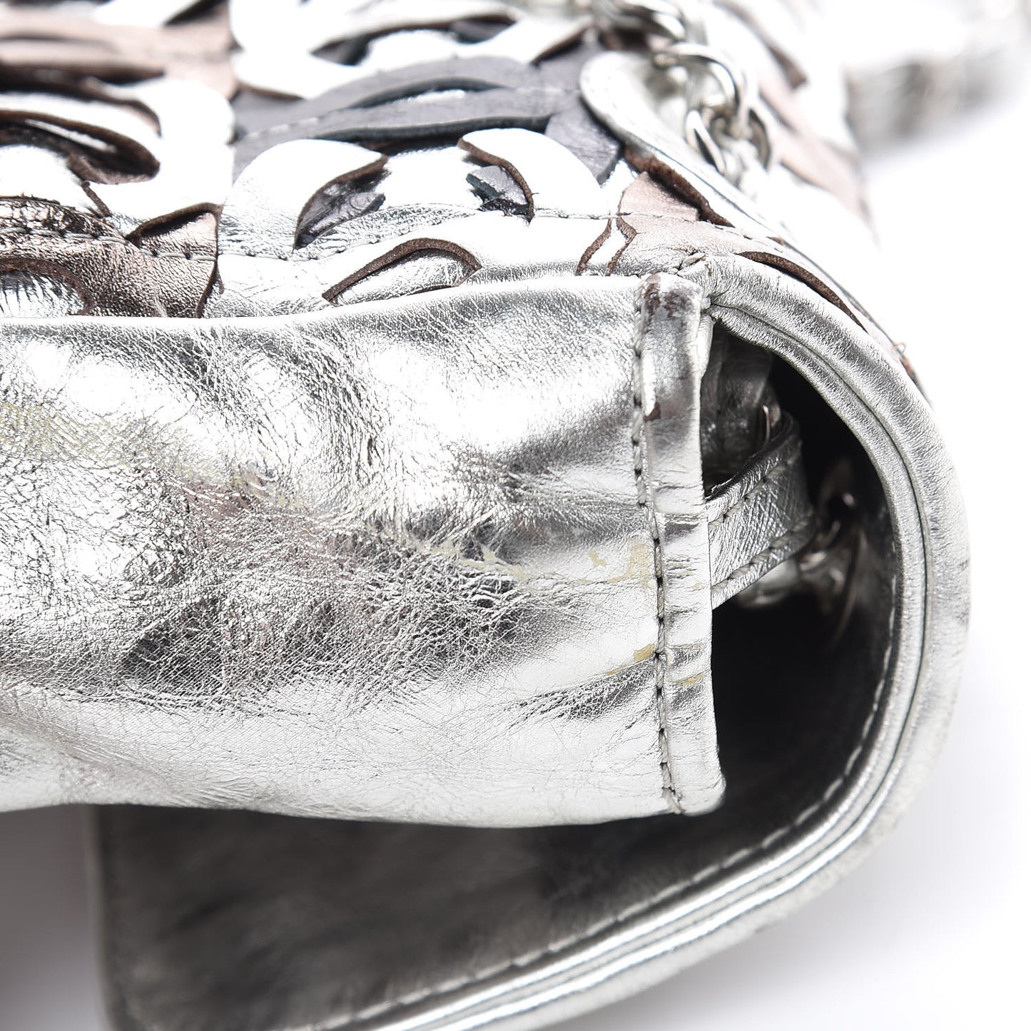 Metallic Crackled Calfskin Medium CC Mix Flap Silver Gold