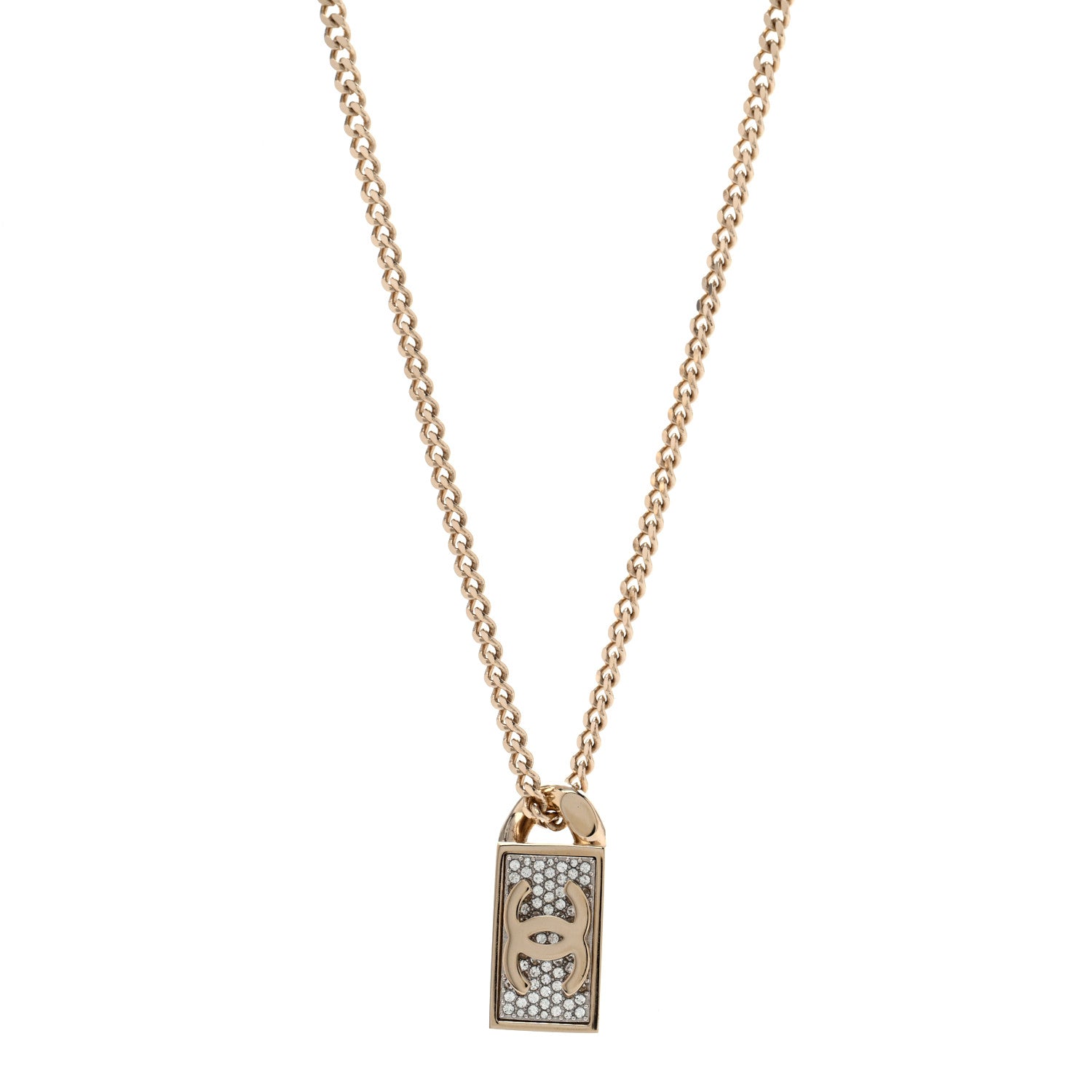 Chanel Crystal Dog Tag Charm Necklace Gold 1 of 6