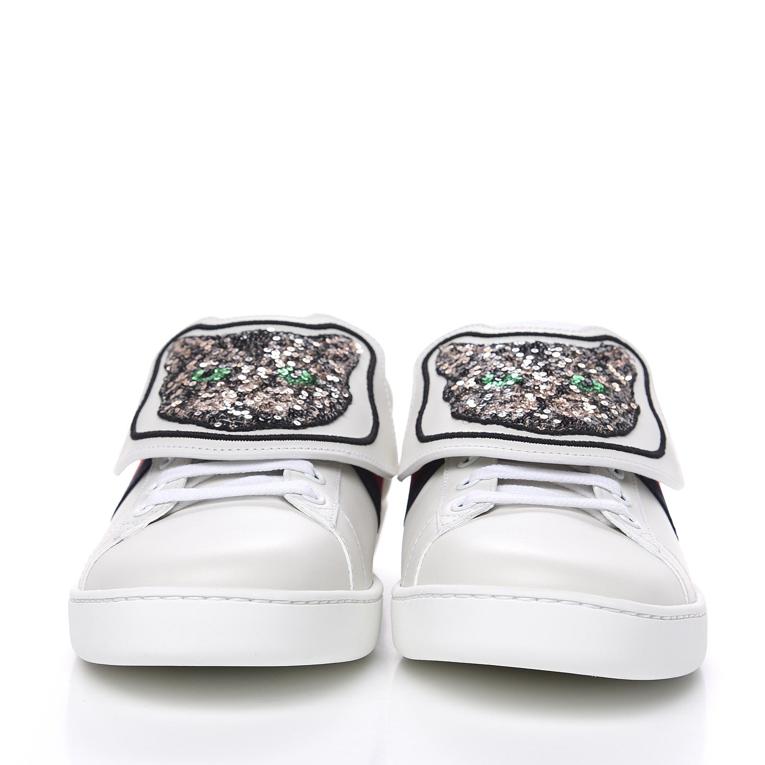 Gucci Calfskin Sequins Web Cat Womens Ace Sneakers 40 White 2 of 11