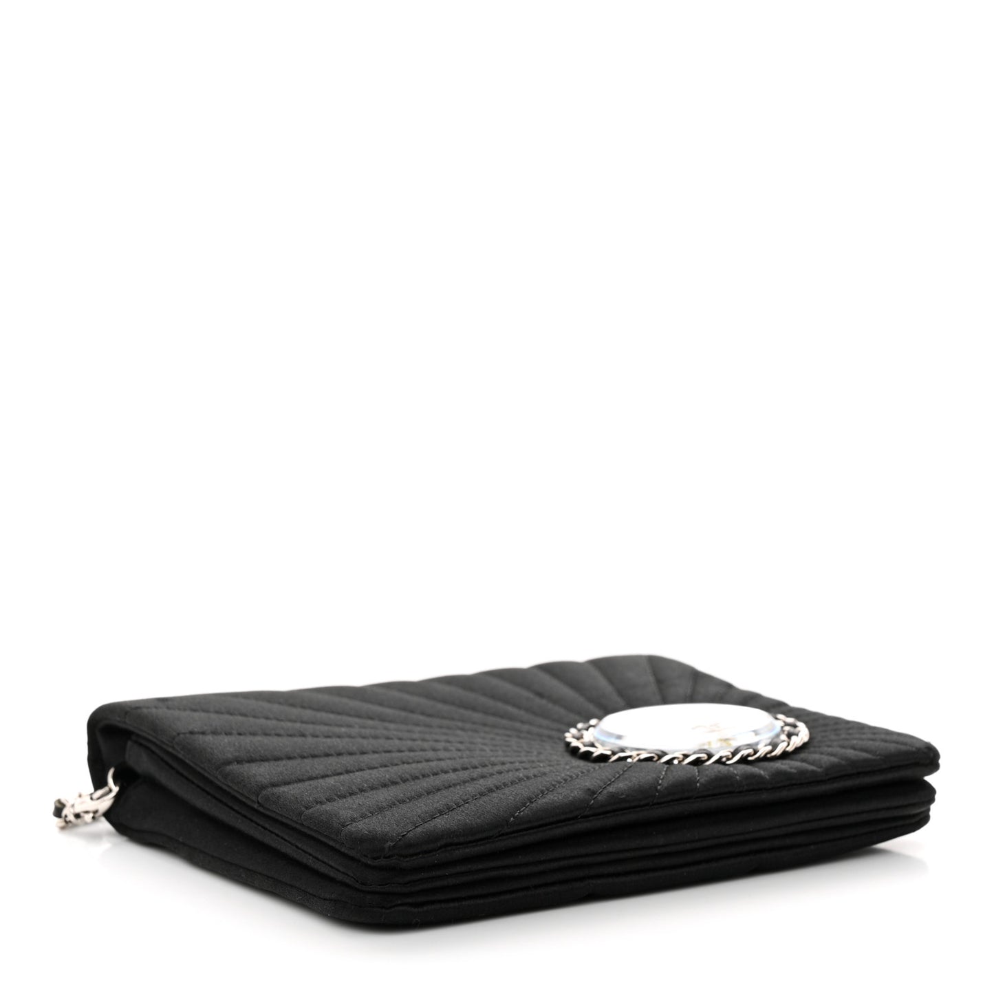 Satin Pleated Chain Embellished Mirror Flap Black