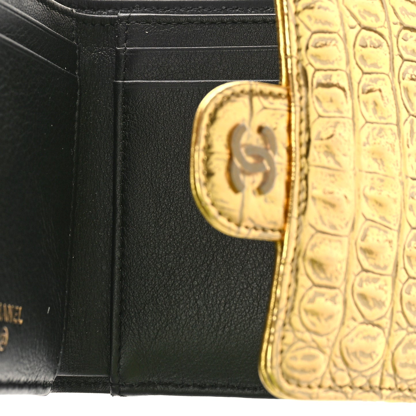 Metallic Calfskin Crocodile Embossed Cocodile Compact Flap Wallet Gold