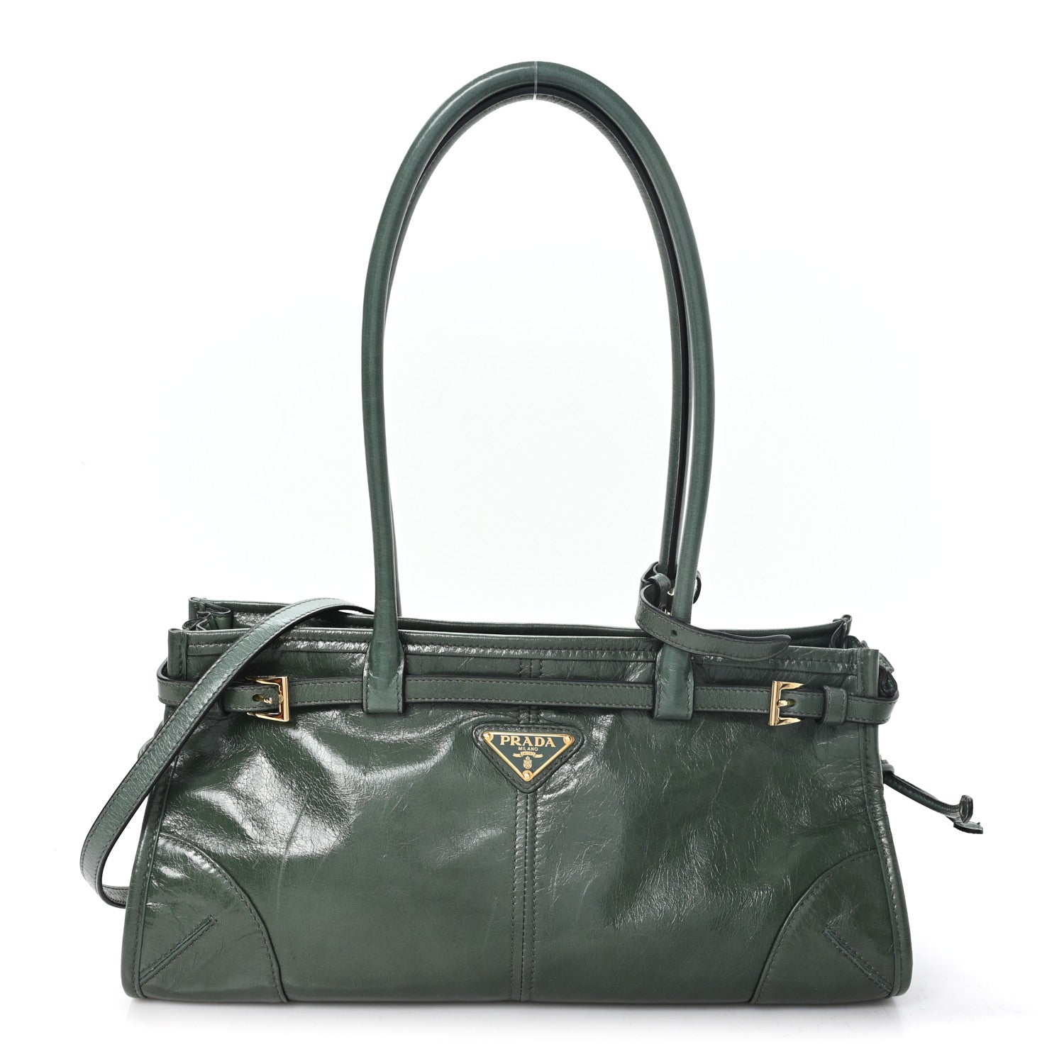 Prada Glossy Calfskin Triangle Medium Bonnie Shoulder Bag Salvia 1 of 9