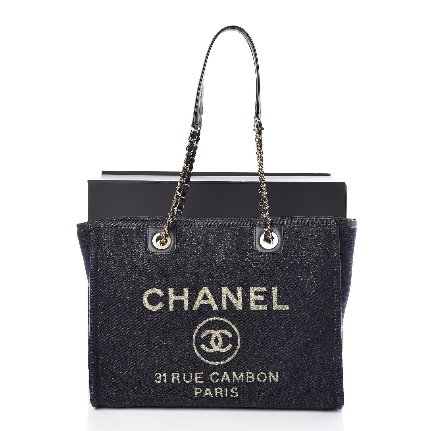Chanel Lurex Canvas Small Deauville Tote Navy Blue Gold 10 of 10