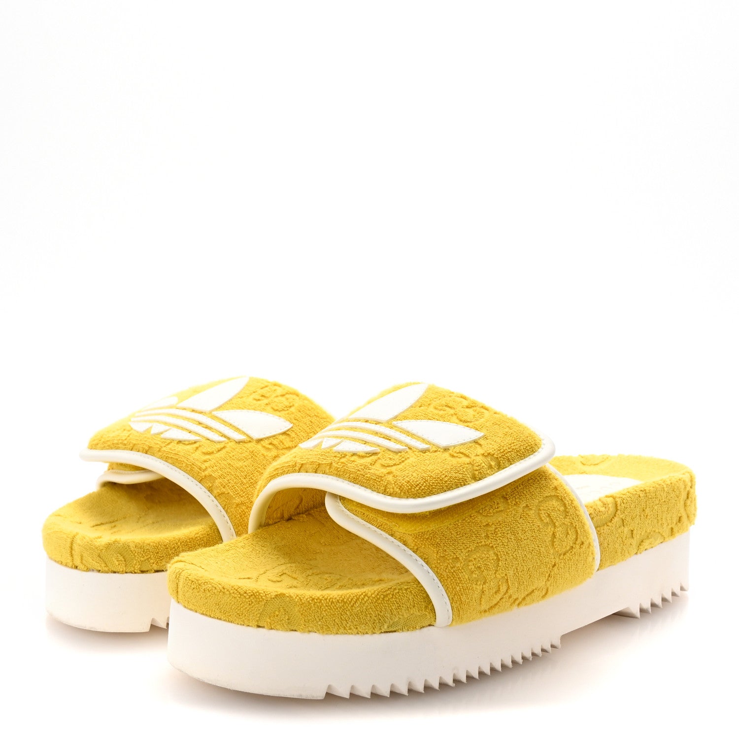 Gucci X ADIDAS Magic Sponge Terry Cloth Trefoil GG Monogram Womens Platform Sandals 39 Smile Yellow Off White 4 of 8