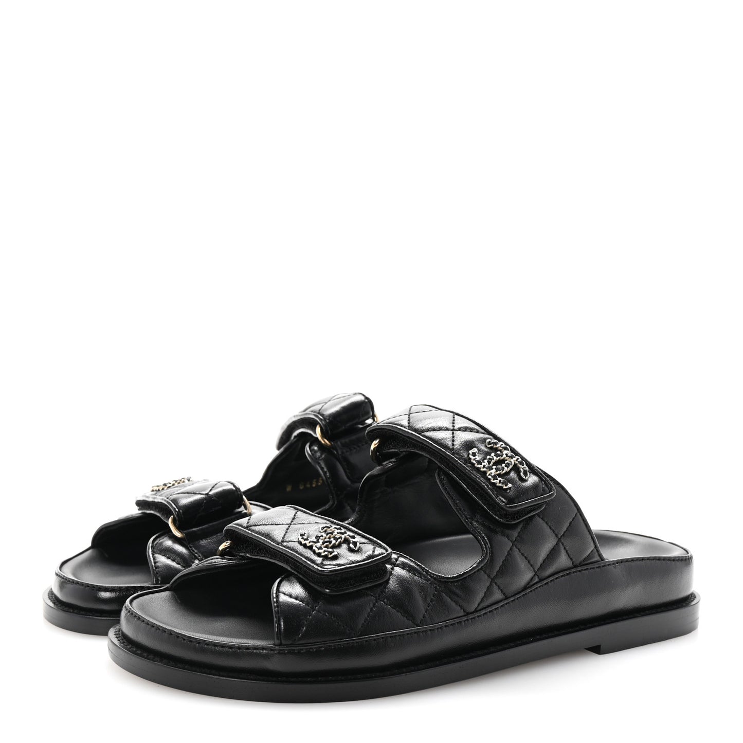 Lambskin Quilted Velcro Dad Chain CC Slide Sandals 36.5 Black