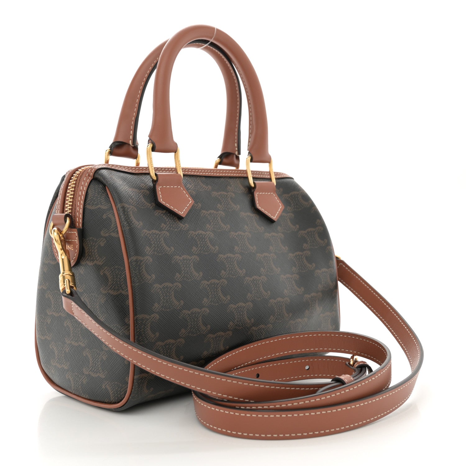 Celine Triomphe Canvas Calfskin Small Boston Bag Tan 3 of 10