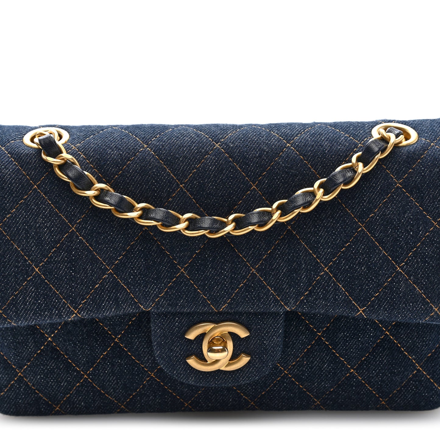 Denim Quilted Small Double Flap Dark Blue Orange