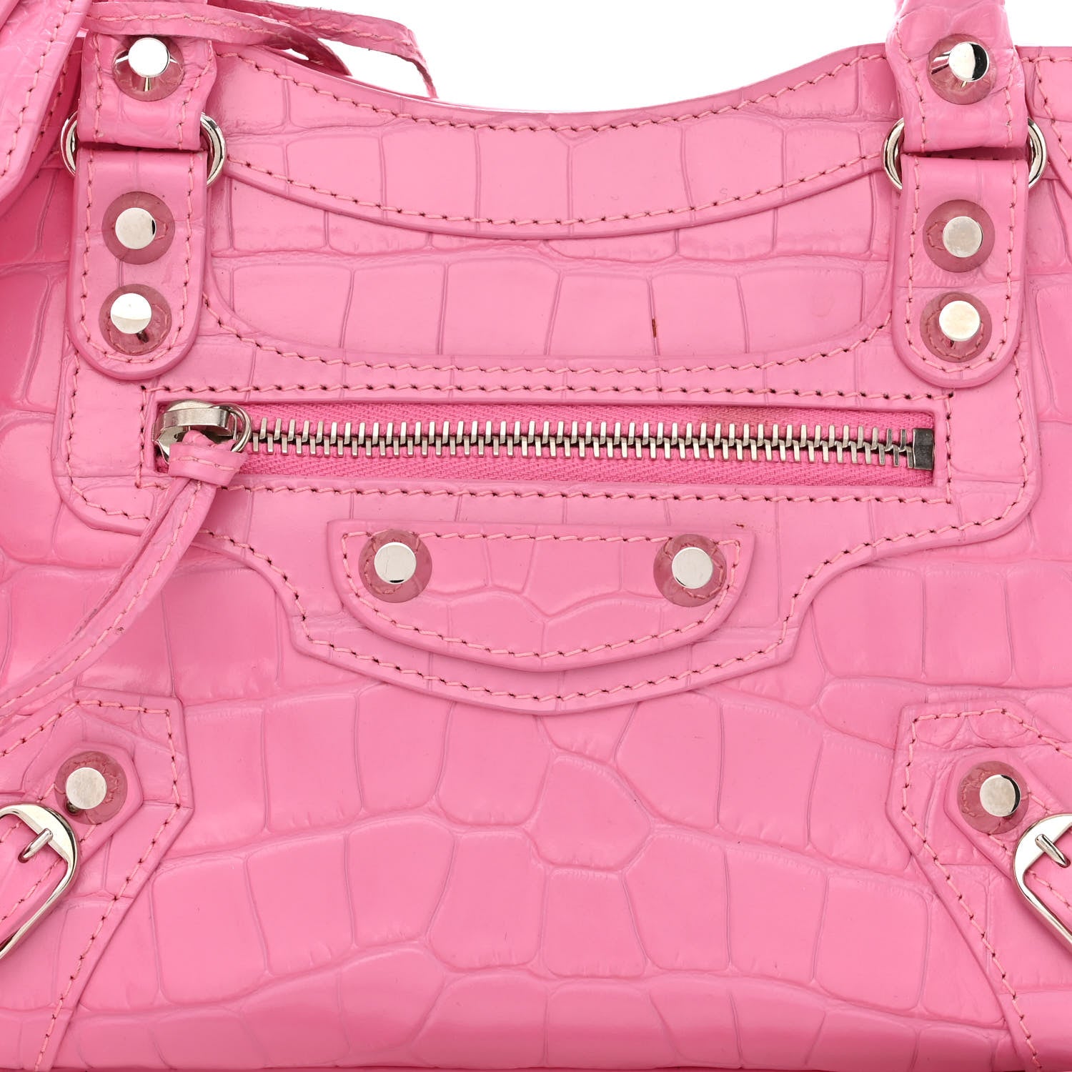 Balenciaga Shiny Supple Calfskin Crocodile Embossed Classic Silver Hardware Mini City Baby Pink 8 of 10