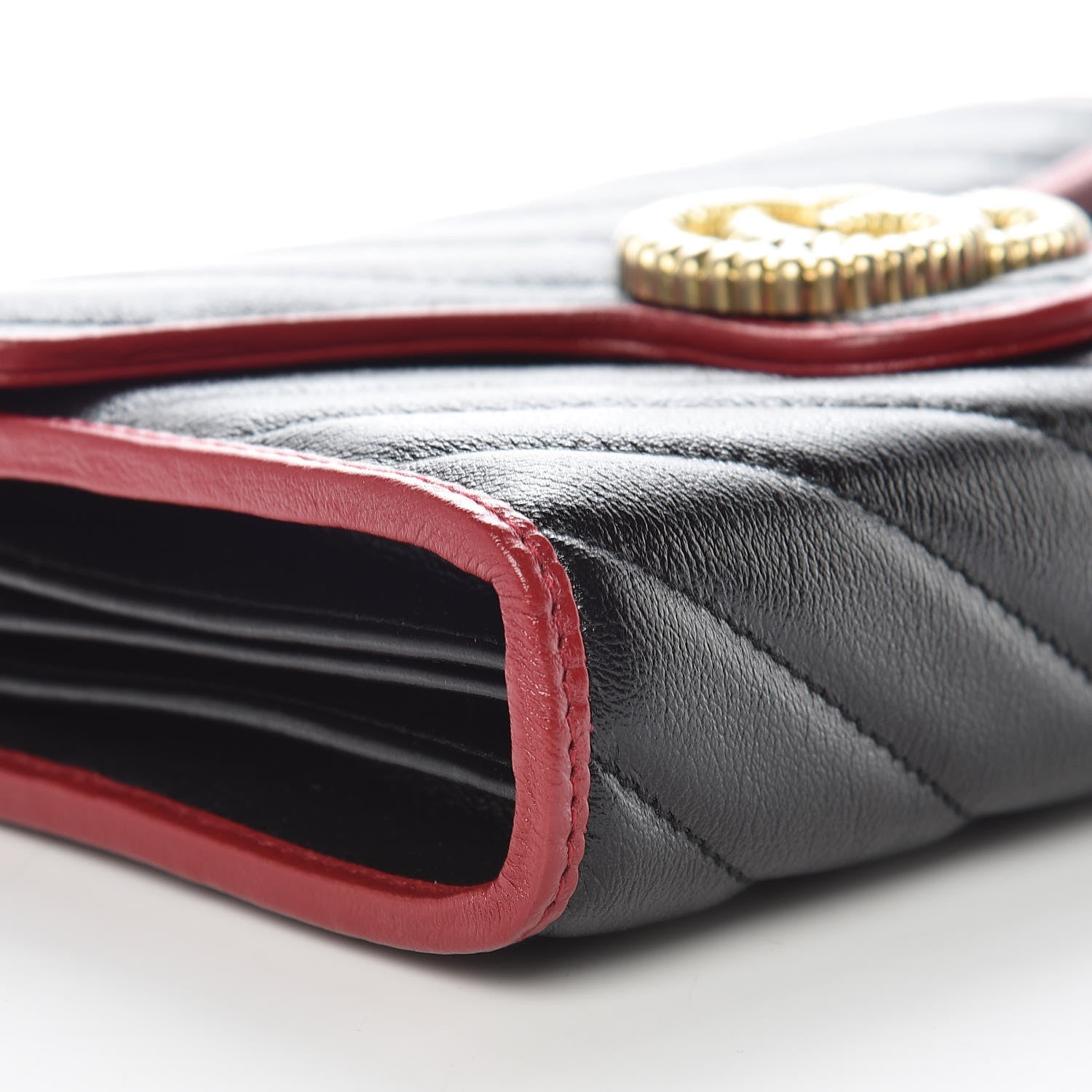 Gucci Vintage Effect Calfskin Matelasse Diagonal Torchon GG Marmont Chain Wallet Black Romantic Cherry 8 of 10