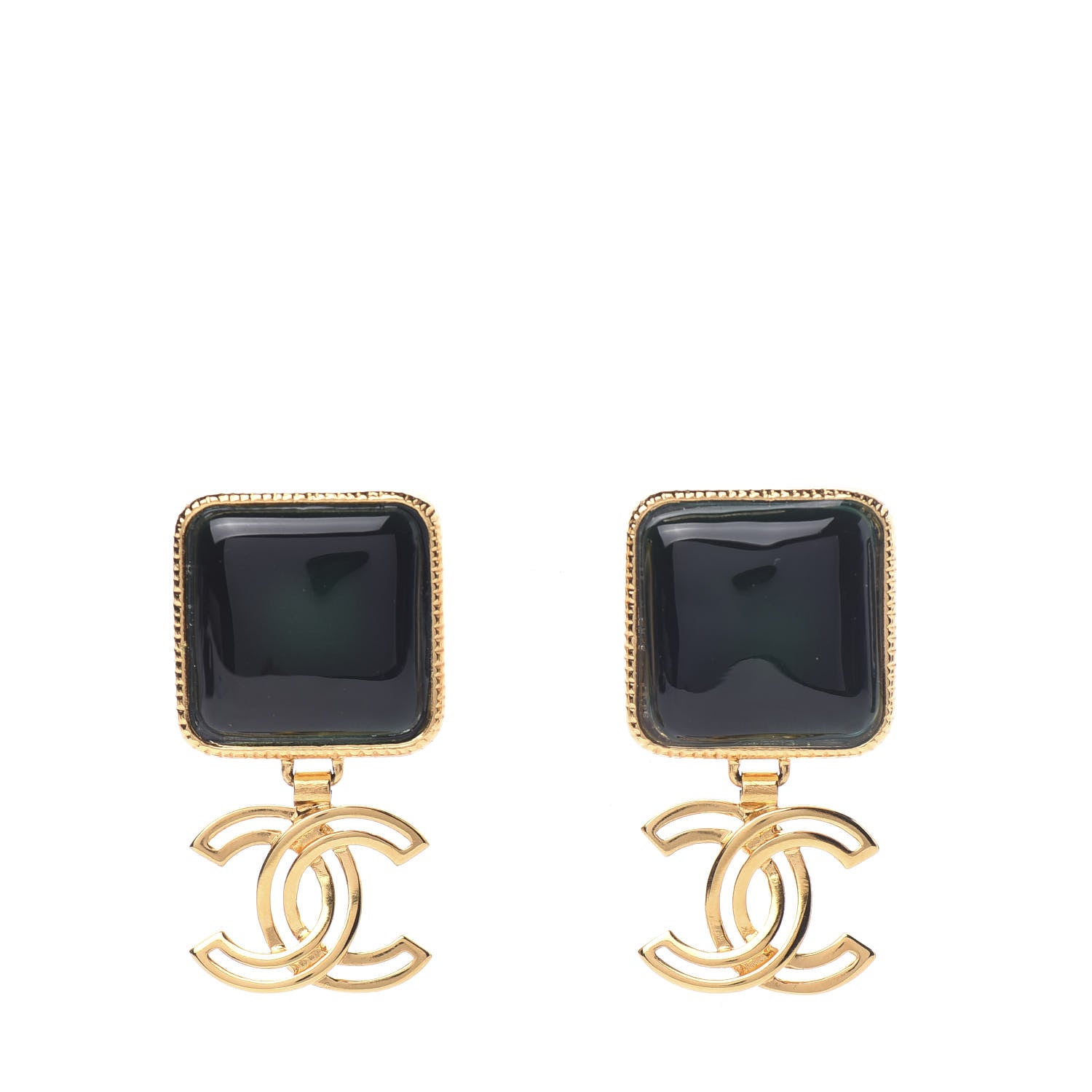 Chanel Resin Metal Obazine CC Drop Earrings Dark Green Gold 1 of 5