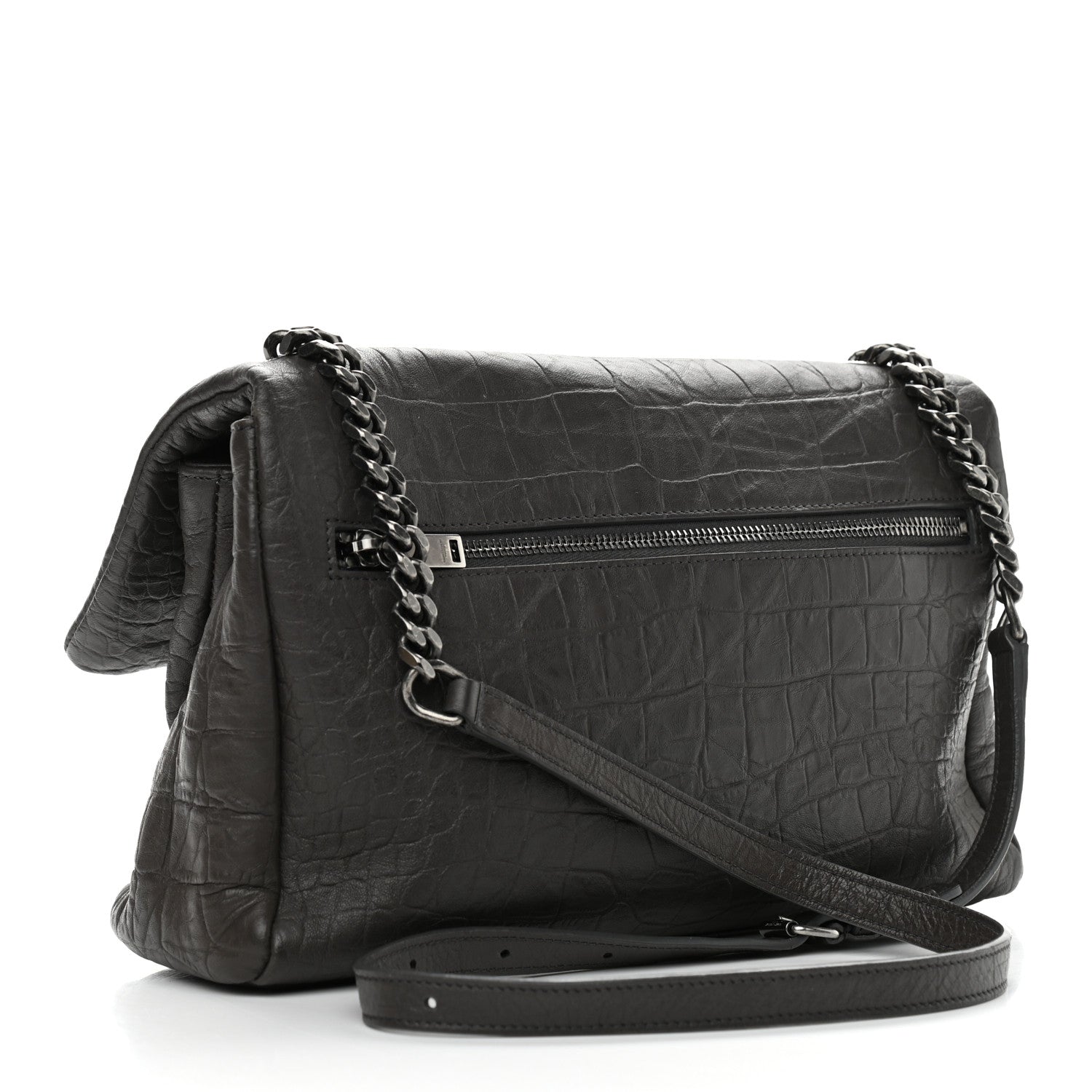 Saint Laurent Calfskin Crocodile Embossed Medium West Hollywood Monogram Fold-Over Grey 3 of 11
