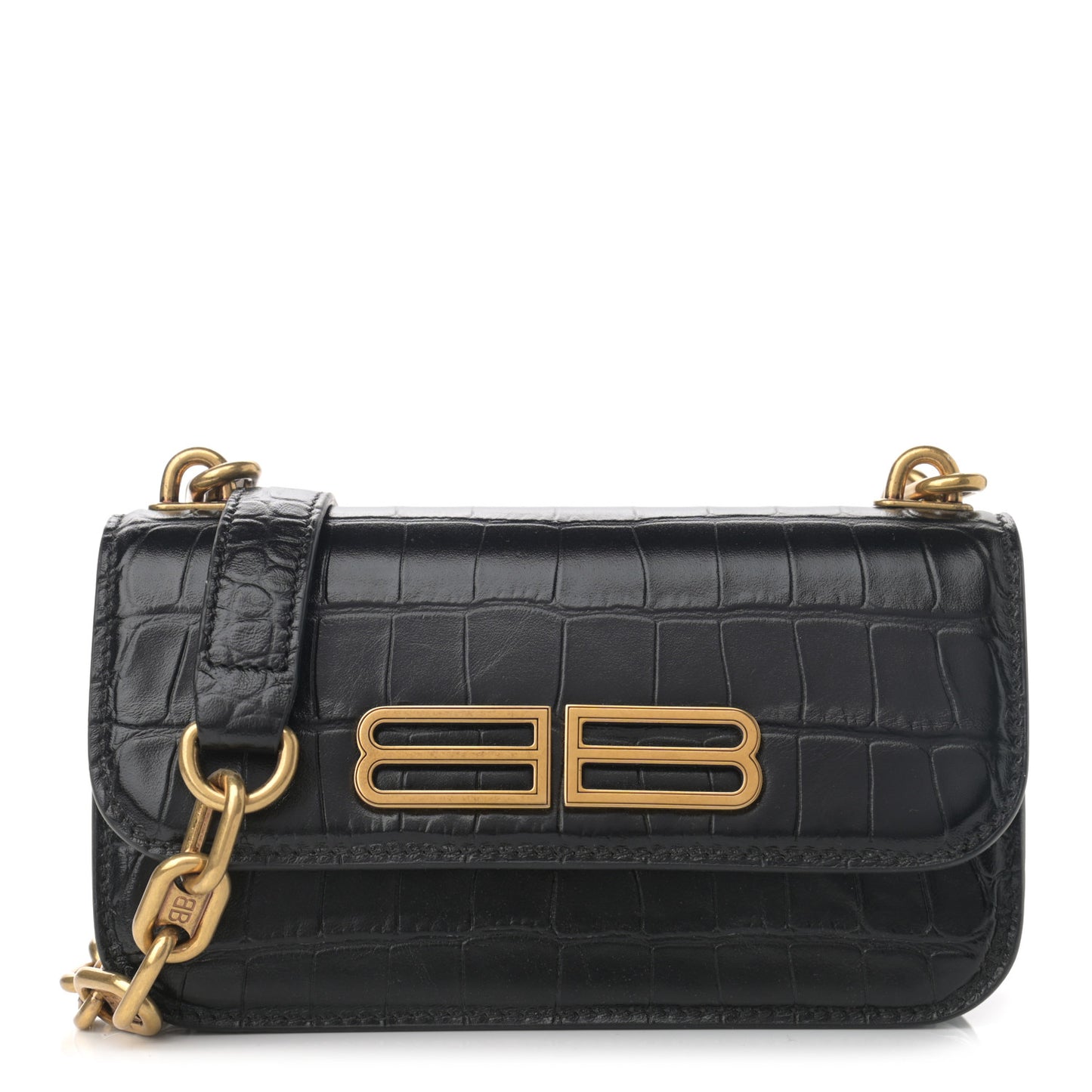 Extra Supple Calfskin Crocodile Embossed Gossip Chain Bag XS Black