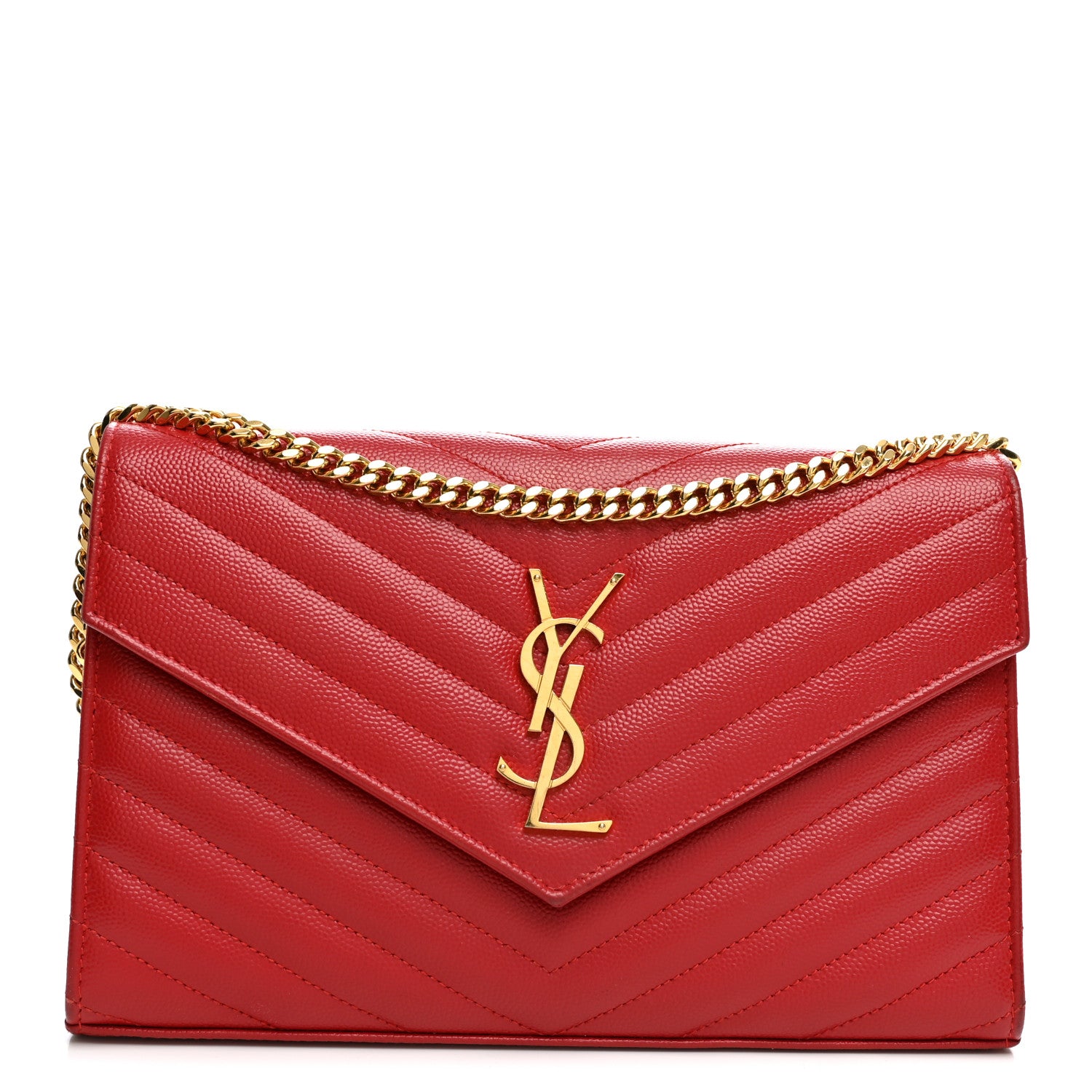 Saint Laurent Grain De Poudre Matelasse Chevron Monogram Chain Wallet New Red 1 of 12
