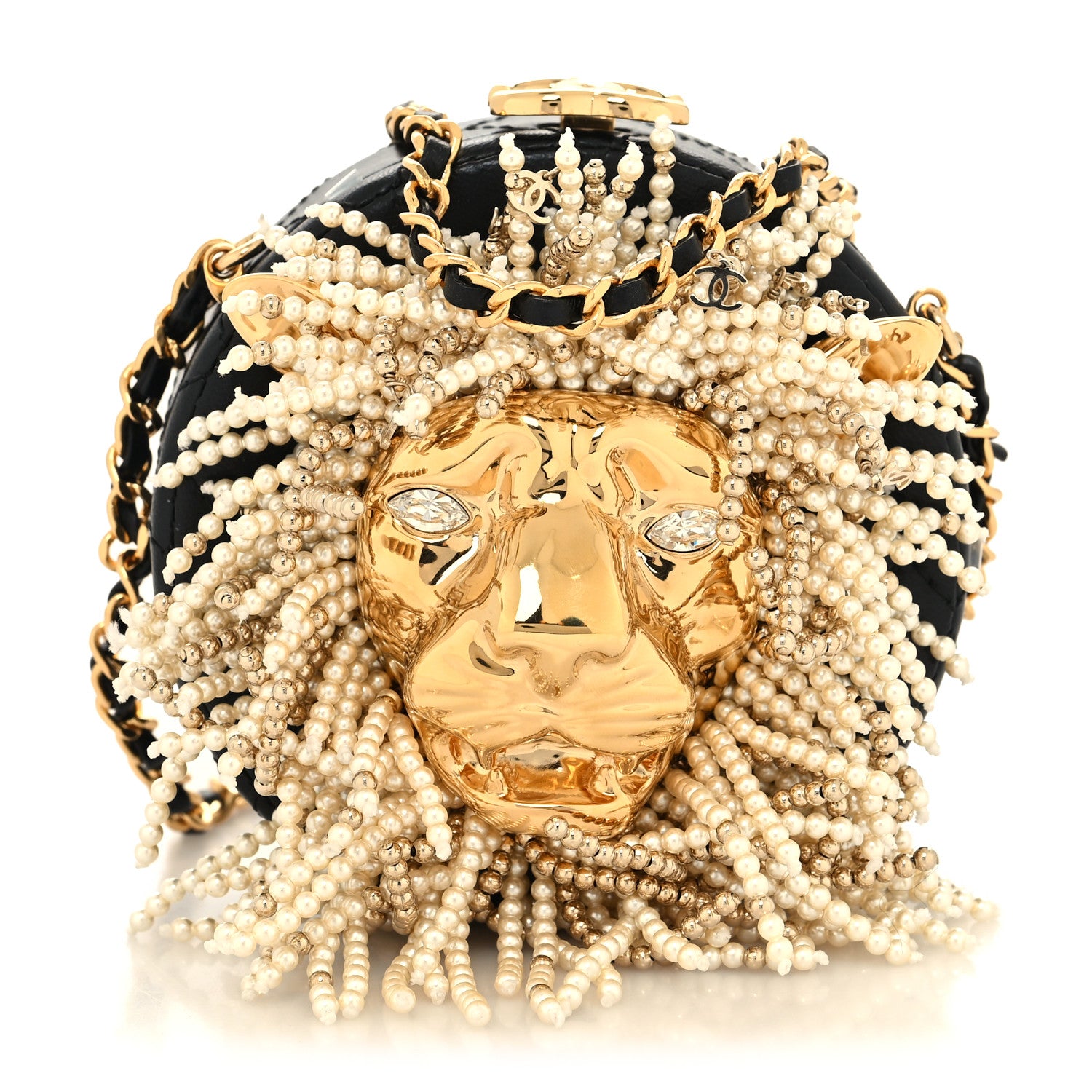 Chanel Lambskin Pearl Crystal Lion Round Minaudiere Clutch Black Gold 1 of 12