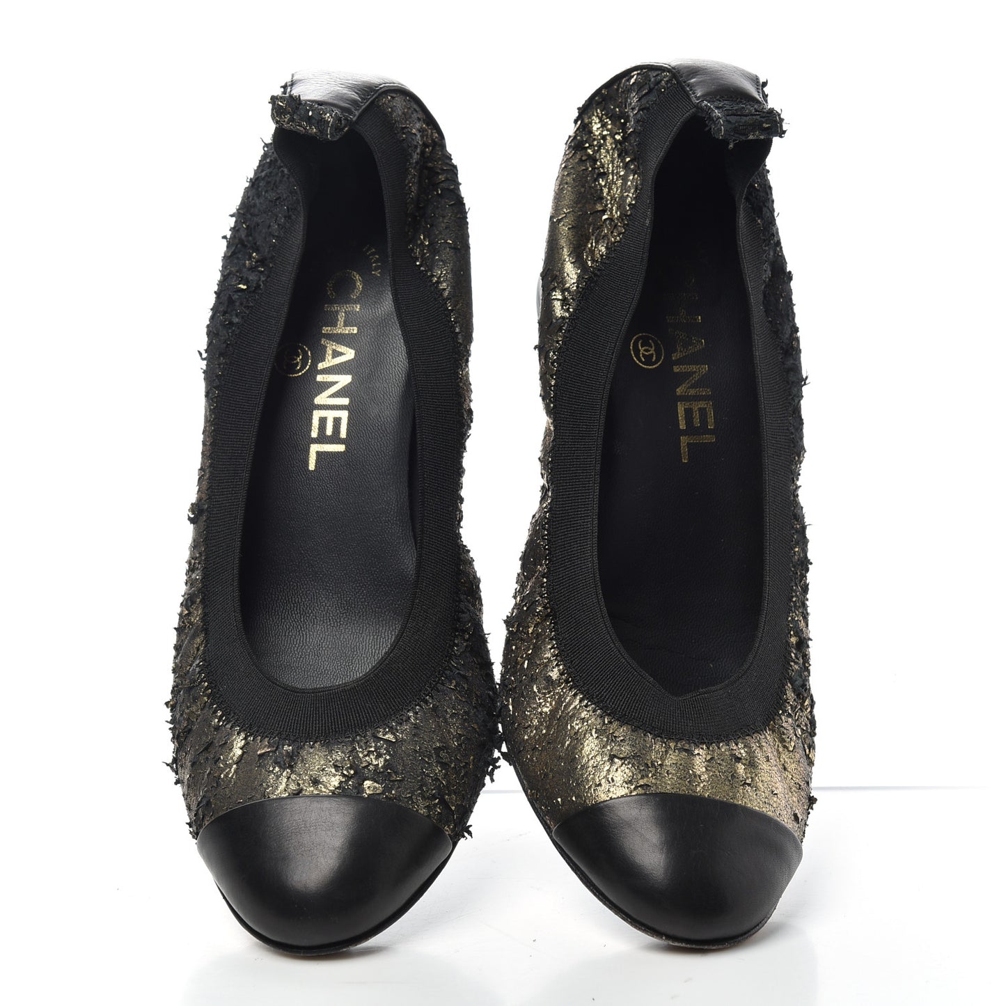 Metallic Lambskin Cap Toe CC Elastic Stretch Pumps 38 Black
