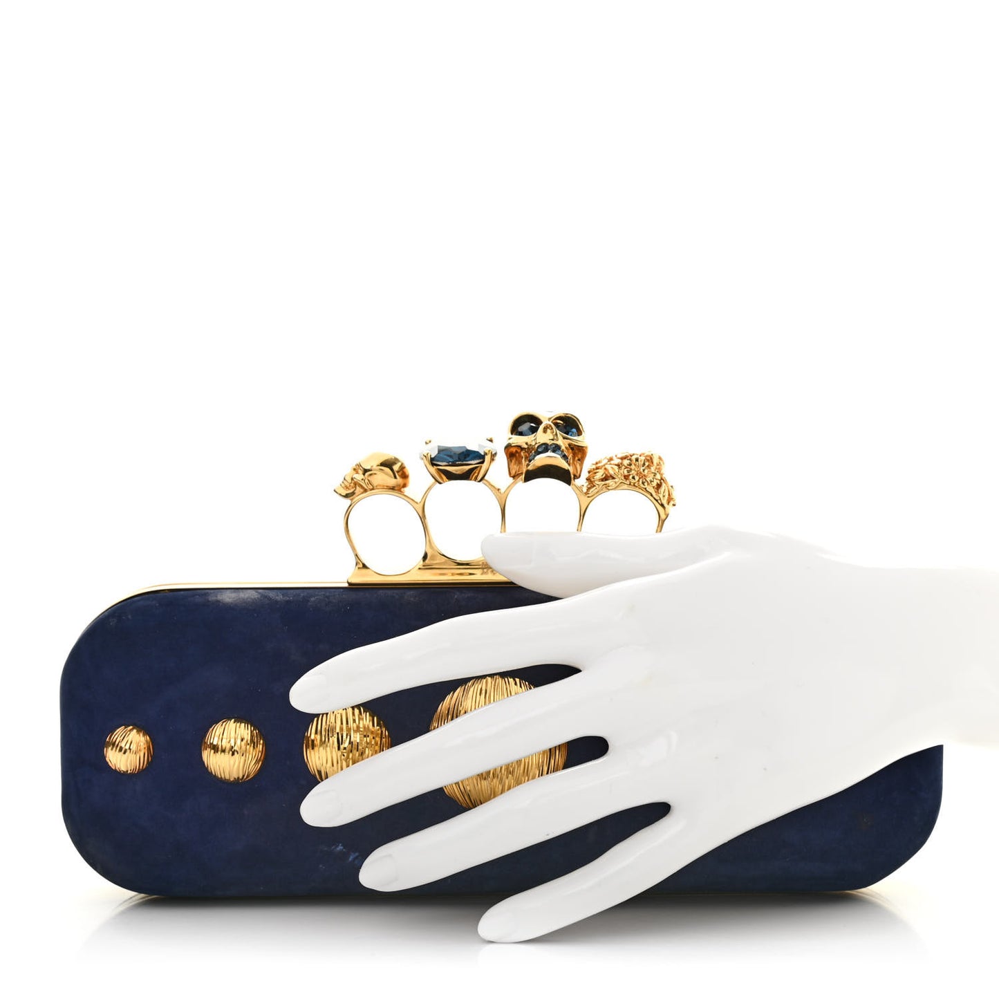 Suede Studded Skull Knuckle Box Clutch Navy