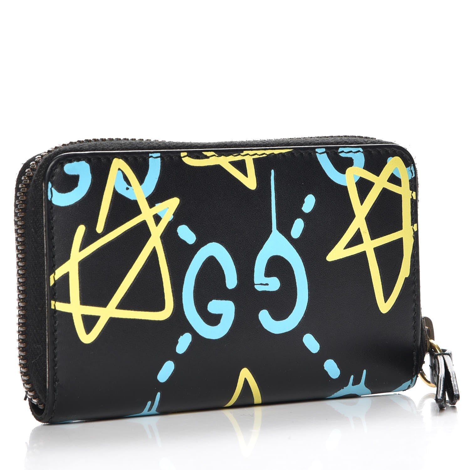 Gucci Calfskin GucciGhost Zip Around Card Case Black New Acquamarine 3 of 7