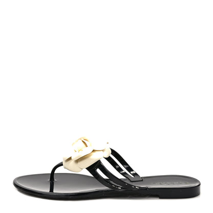 Chanel Jelly Camellia Thong Sandals 38 Black Ivory 1 of 9
