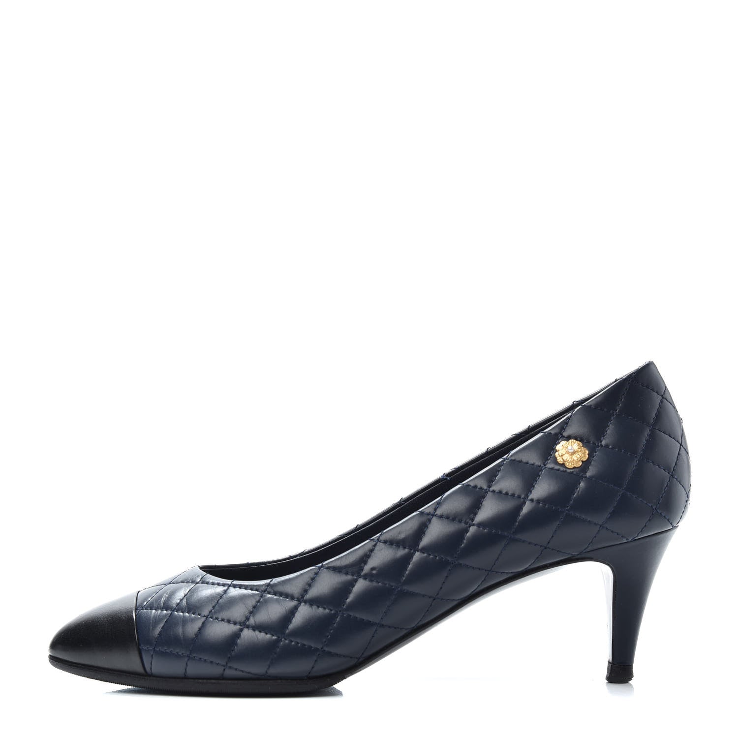 Chanel Calfskin Quilted Cap Toe Camellia Pumps 38 Navy Black 1 of 11