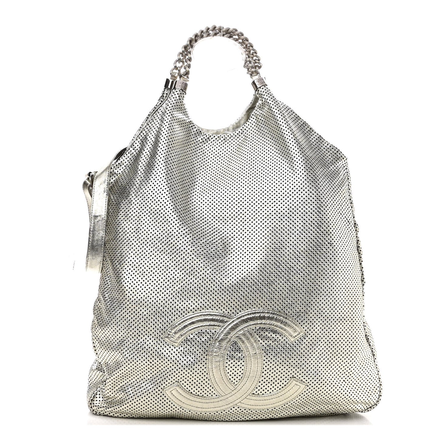 Metallic Glazed Calfskin Perforated Large Rodeo Drive Tote Silver