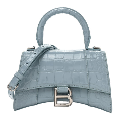 Balenciaga Shiny Calfskin Crocodile Embossed Hourglass Top Handle Bag XS Blue Grey 1 of 15