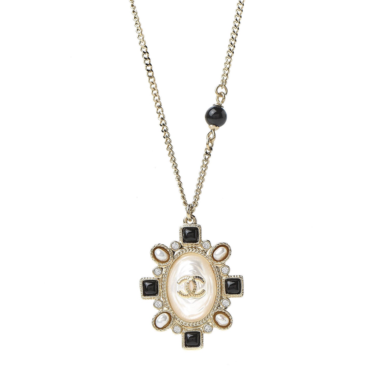 Crystal Pearl Beaded CC Long Necklace Black Gold
