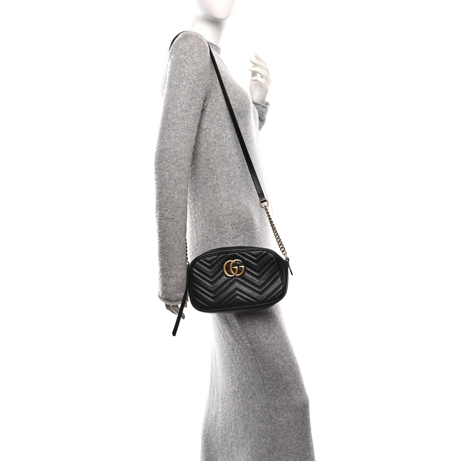 Gucci Calfskin Matelasse Small GG Marmont Chain Shoulder Bag Black 2 of 10