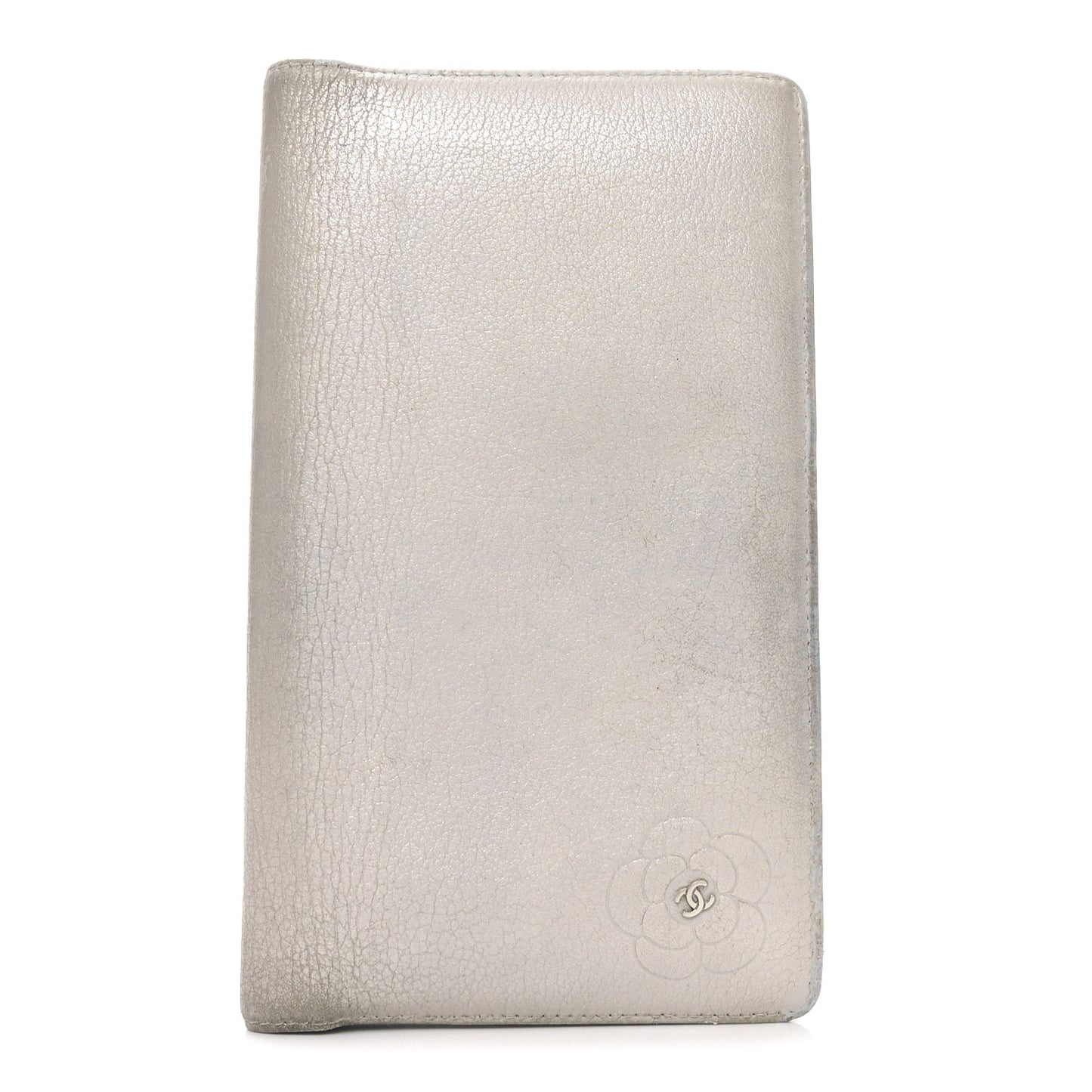 Metallic Goatskin Camellia Embossed Yen Wallet Silver